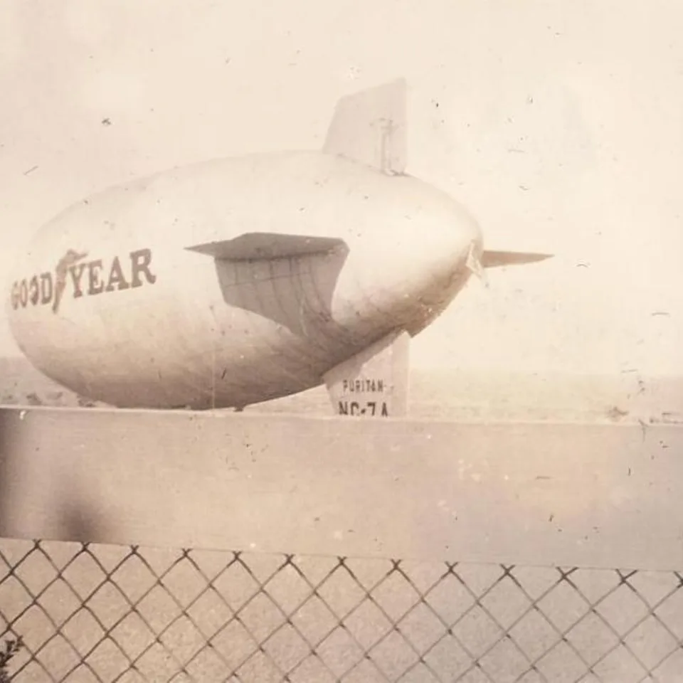 A Goodyear-branded blimp above the 1933 Chicago World’s Fair